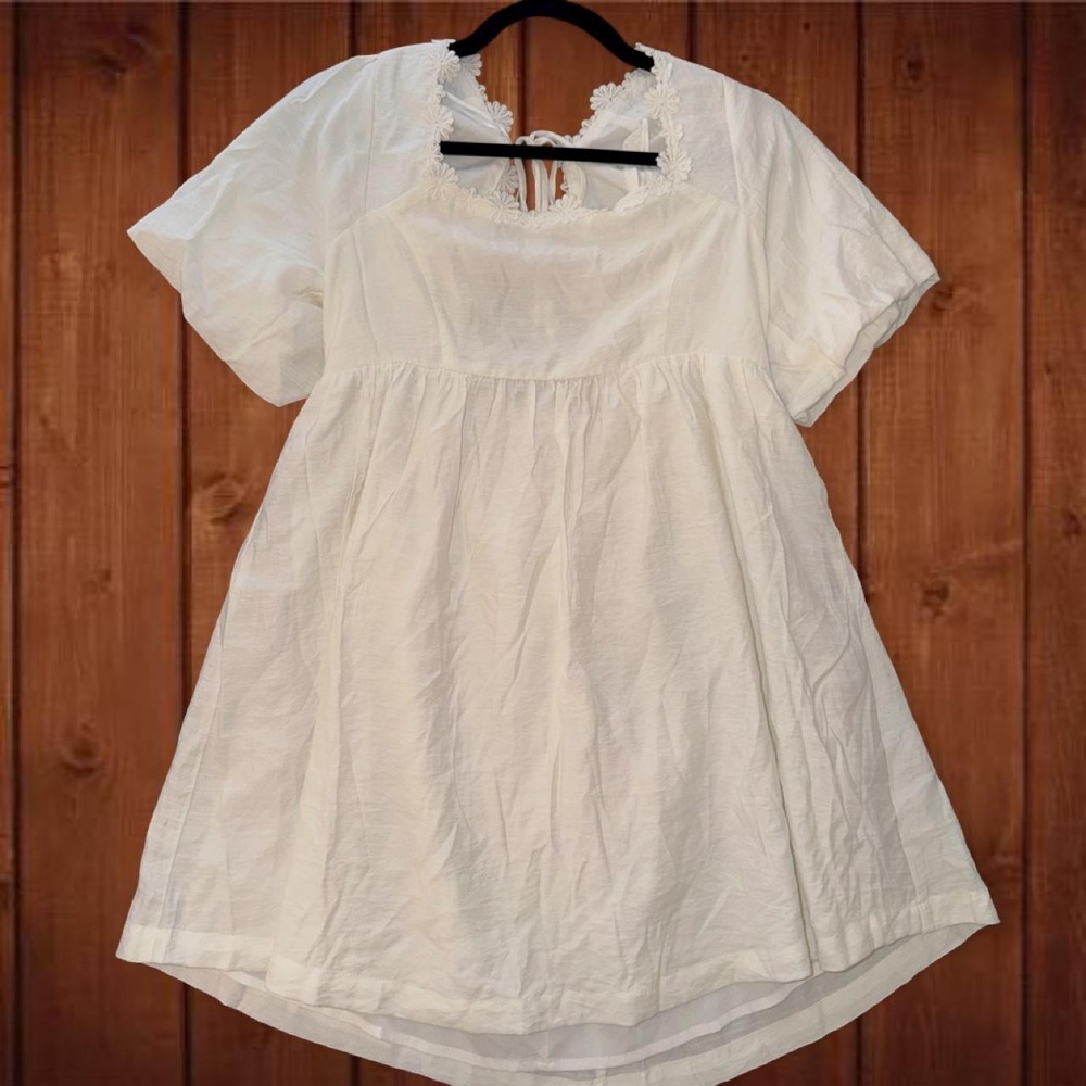 TCEC White Floral Lace Trim Babydoll Mini Dress Size S Cottagecore